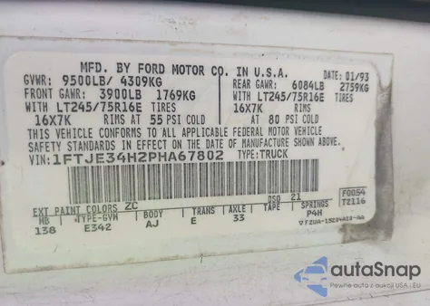 1993 Ford Econoline E350 Van from USA, damaged, VIN 1FTJE34H2PHA67802